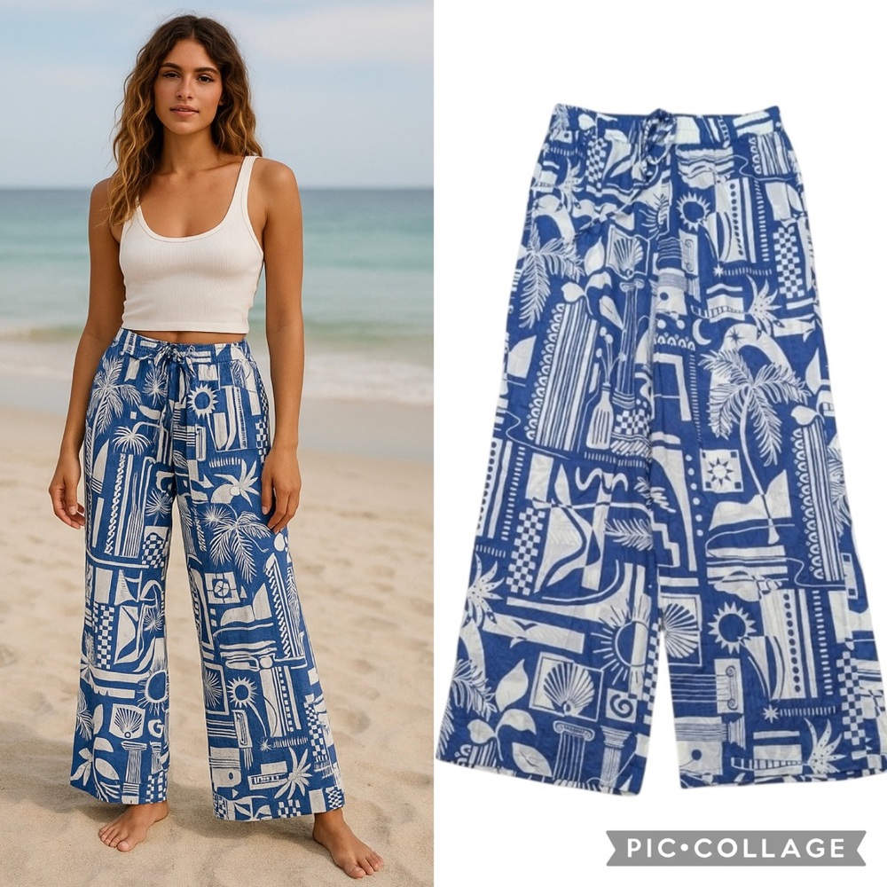 New 100% Cotton Haute Hippie Wide Leg Pants Sea Sky Blue White Drawstring Beachy
